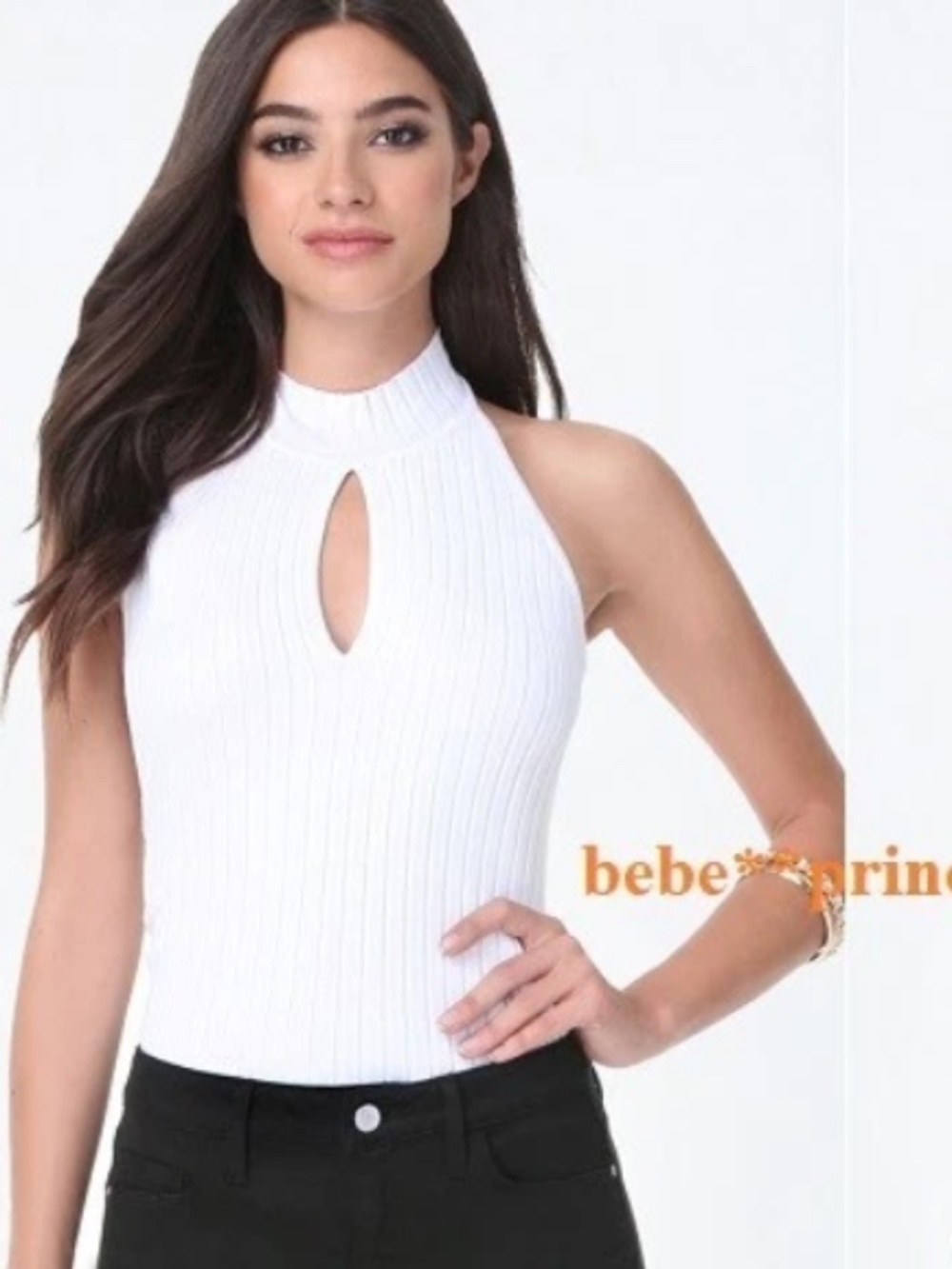 NEW Bebe Ivory White Halter Ribbed Knit Cutout Front Stretchy top XS 0 2